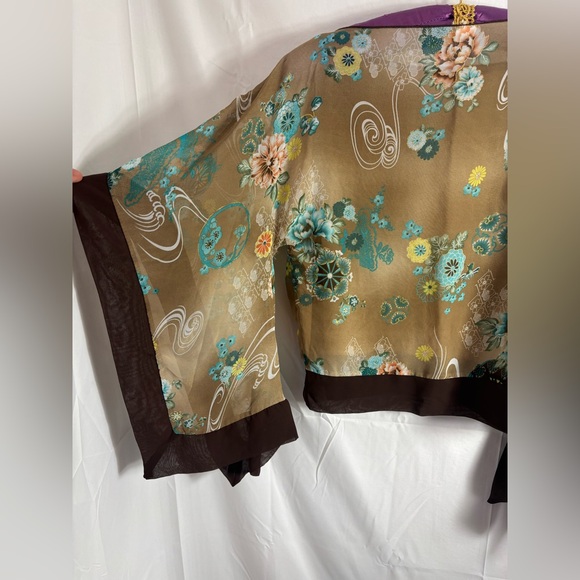 VTG Y2K Brown Floral Boho Batwing Sleeve Kimono Blouse with Waist Tie Size L - Picture 11 of 15